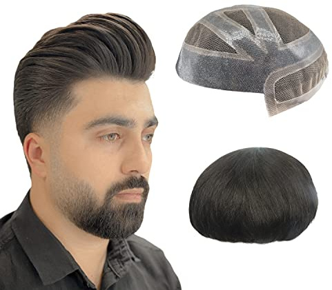 NLW Parrucca capelli umani per Uomo Toupet da uomo in pizzo svizzero combinato con sistema di sostituzione dei capelli neri naturali PU (#1B10*8)