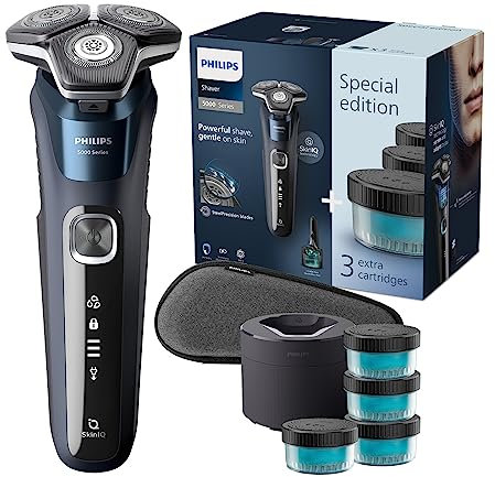 Philips Shaver Series 5000 – Elektrischer Nass- und Trockenrasierer für Herren mit ausklappbarem Trimmer, Reinigungsstation, 4 Reinigungskartuschen & Reiseetui (Modell S5885/69)