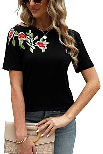 Mexican Shirts for Women Black Embroidered Floral Tops & Blouses Short Sleeve Womens Shirt Plus Size Tunic Peasant Traditional Fiesta Tee Boho Ethnic Fashion for Ladies with Elegant Embroidery