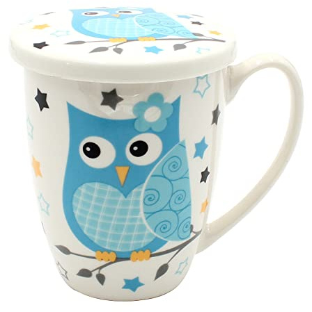 Dekohelden24 Teetasse/Teebecher aus Keramik inkl. Metallsieb und Deckel, mit Eulenmotiv in blau und Sterne, Größe: H/Ø ca. 11 x 8 cm, Fassungsvermögen ca. 250 ml