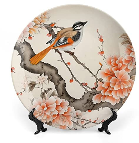 Gokays Decorative Plates for Wall Hanging, Bird & Peony Flower Chinese Meticulous Painting Ceramic Plate, Wobble-Plate with Display Stand, Home Decor for Kitchen Cabinets, Farmhouse Round Tray 8 Inch