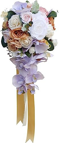Holding Flowers, Wedding Bouquet,Wedding Bouquet,Holding Flowers, 9 Inch Orchid Bridal Bouquets for Bride, Artificial Pink Rose Wedding Bouquets, Cascading Bouquet for Wedding Party Ceremony Decor, Br