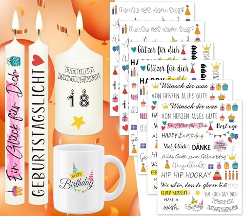 Tixlux 6 tatuajes para velas de cumpleaños (más de 200 patrones), velas deslizantes de agua, pegatinas para velas, decoración de velas, luz conmemorativa, vela de cumpleaños (cumpleaños))