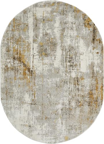 -LUXOR- living Kurzflor Teppich Molinos – moderner Webteppich mit abstraktem Muster, pflegeleicht & strapazierfähig, ideal für Wohnzimmer, Schlafzimmer & Flur, 160 x 230 cm oval, Grau-Gelb