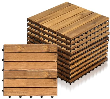 Jopassy 55 Stück Holzfliesen Balkon, 5 m² Balkon Bodenbelag 30x30 cm | Holzfliesen Mosaik aus Akazienholz, Balkonfliesen Terrassenfliesen für Garten, Balkon, Terrasse | 6 Latten
