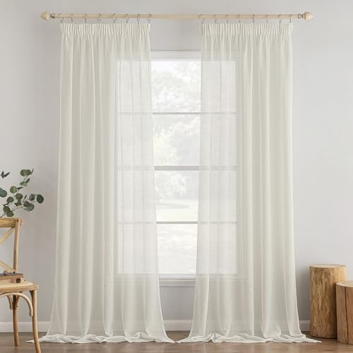 MIULEE 2er Set Voile Vorhang Sheer Vorhang mit kräuselband Transparente Leinenoptik Gardinen Wohnzimmer Modern Fensterschal Schlafzimmer 140x225cm (B x H) Elfenbeinweiß