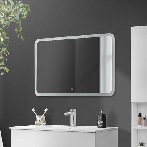 ML-Design Miroir de Salle de Bain avec Éclairage LED, Blanc Clair, en Verre, 90 x 60 cm, Forme Carré, Miroir Mural Lumineux avec Interrupteur Tactile, Fixation Murale, Idéal pour Salle de Bain, Salon