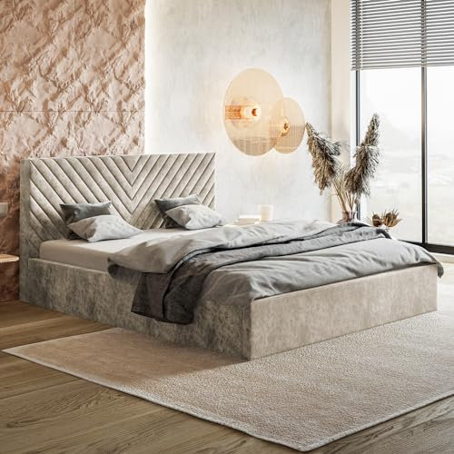 MOTIVENA Wenus Bett 120x200 Beige Samt, mit Stauraum, mit Kopfteil, mit Lattenrost, ohne Füße, ohne Matratze, Polsterbett 120x200 mit Bettkasten Beige