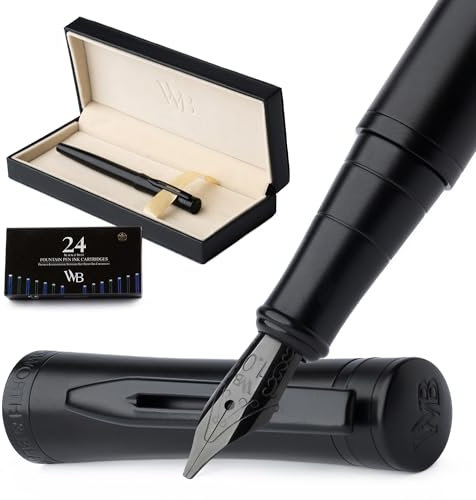 Wordsworth & Black Fountain Pen Set, Broad Nib, Includes 24 Pack Ink Cartridges, Ink Refill Converter & Gift Box, Calligraphy, [All Black], Perfect for Men & Women