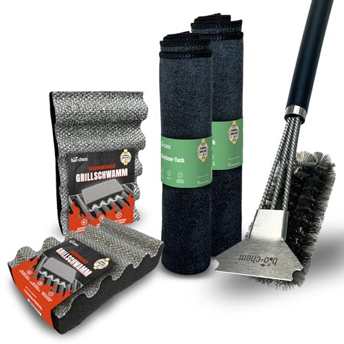 bio-chem Grillzubehör Reinigungsset 4-teilig – 1x Schaumsprüher, 1x Grillbürste mit Schaber, 1x passgenauer Grillschwamm & 1x Premium-Mikrofasertuch – Set für die Reinigung Aller Grilltypen