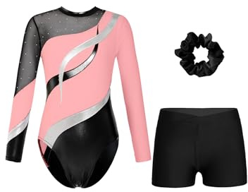 Miaeowve Justaucorps Gymnastique Enfant Fille Strass Bodysuit Manches Longues avec Short Bandeau Ensemble Sport Danse Patinage Entraînement Costume Spectacle 5-16 Ans Rose et Noir 13-14 ans