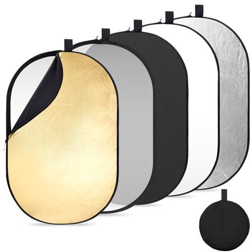 K&F CONCEPT 5 in 1 60x90cm Light Reflector, Multi-Disc Photography Diffuser Collapsible Portable for Studio and Outdoor Lighting Gold Silver White Black Translucent