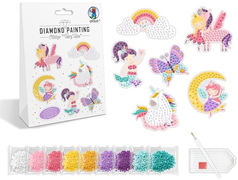 Ursus 43490002 - Diamond Painting Sticker Fairy Tales, Aufkleber mit verschiedenen Designs, Bastelset mit 2 Stickerbogen und passendem Werkzeug, ca. 5 - 9 cm