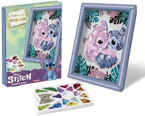 Lansay - COLLECTION SEQUINS - Stitch & Angel - Kreativt kit för barn från 7 år - Glittrande paljettram för upphängning eller upphängning - Handaktivitet och rolig kreativ hobby.