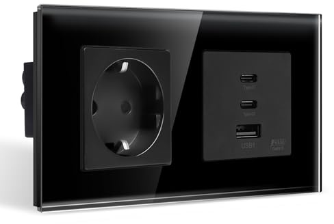 CNBINGO Steckdose mit 65W USB Schnellladung (2x Typ-C, 1x USB-A), Schwarz | Schuko Steckdose Unterputz mit 3× USB-Anschluss Schnellladen, 2-Fach Wandsteckdose mit Glasrahmen, DIY Installation