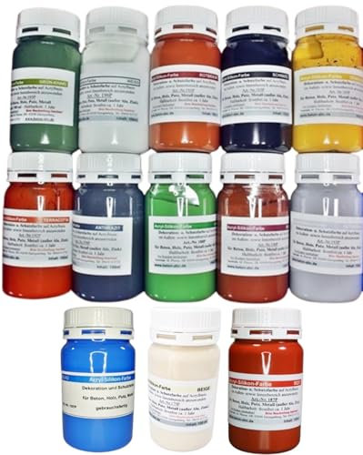 Betonfarben - 13 Farbtöne je 100ml - für innen und außen, Acrylsilikon Farben