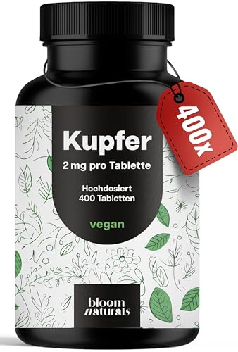 Cuivre hochdosiert – 400 comprimés – 2 mg par comprimé | Complément Alimentaire Bisglycinate de Cuivre – vegan, Produit en Allemagne, testé en laboratoire
