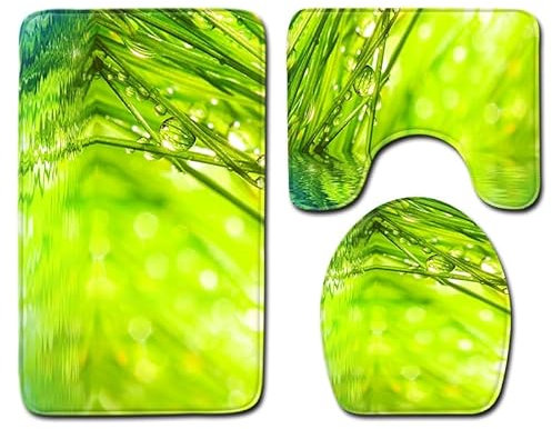 Badezimmerteppich Grüne Baumblätter WC Vorleger mit Ausschnitt WC Deckelbezug 3 Teiliges WC Teppich rutschfeste Badgarnitur U förmiger Badematte Waschbar Bad Teppiche Set 50x80 cm