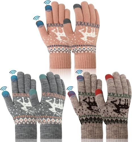 Votoko 3 Stück Handschuhe Damen Winter, Touchscreen Thermo Strickhandschuhe Kaschmir Warm mit Fleecefutter, Herren Frauen Winterhandschuhe Dame Outdoor