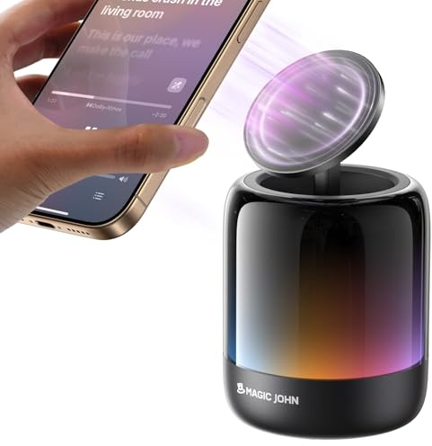 MAGIC JOHN Altoparlante Bluetooth con supporto per cellulare Magsafe da tavolo, scatola musicale con luce, batteria Bluetooth 5.3, 3,5 h, suono stereo potente per iPhone, Galaxy ecc. (nero)