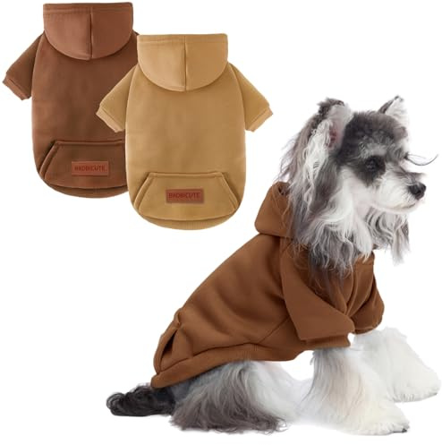 2 Pack Dog Hoodie Warm Hood Dog Sweater Cold Weather Small Dogs Sweatshirt Comfort Pet Clothes for Small Medium Dogs with Pockets (Coffee+Khaki, S (Back: 9.45,Chest: 14.9, 3.5-5.8lbs))