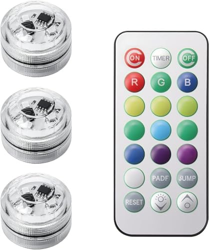 3 Pcs Mini Submersible LED Light Battery Operated Waterproof and Versatile LED Battery Tea Lights Colour Changing & Remote Flameless for Aquarium Pool Garden Vase Party Christmas