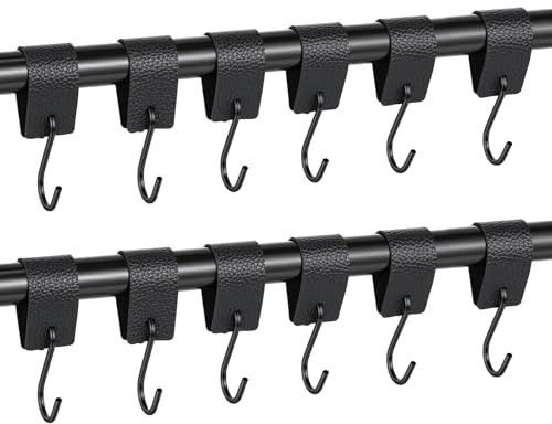 Gugxiom 12 Stück S Haken mit Lederschlaufe, Schwarz Haken Kleiderstange, Metall Haken ohne Bohren für Garderobe Küche Badezimmer Stange Fleischerhaken (Schwarz)