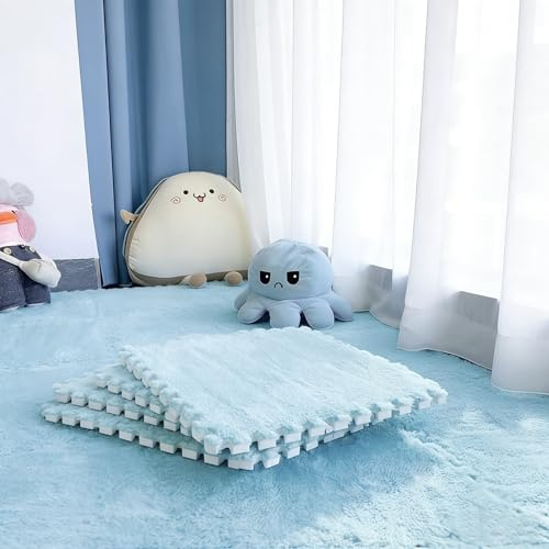 12 Stück Ineinandergreifende Plüsch-Schaumstoffmatte, 30 x 30 cm Wohnzimmer-Schlafzimmer-Teppichfliesen, Zusammensteckbare Schaumstoff-Bodenfliesen Für Spielz Himmelblau