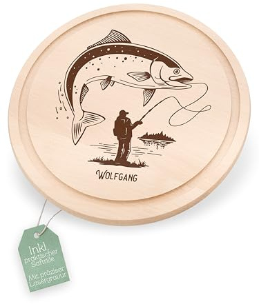 Abenteuernah Brotzeitbrett Trekking personalisiert, Frühstücksbrett individualisiert, Holzbrett als Geschenke für Männer, Schneidebrett Outdoor Sport als Geschenk zum Geburtstag (Angler FIsch)