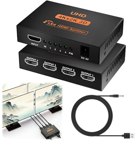 Splitter HDMI 4K Répartiteur HDMI 1 Entrée 4 Sorties, Adaptateur Multi HDMI | pour 4 Moniteurs PC Laptop Box Supporte 3D 4K 1080P HDCP, pour PS4 PS3 Blu-Ray HDTV STB DVD Lecteur Projecteur