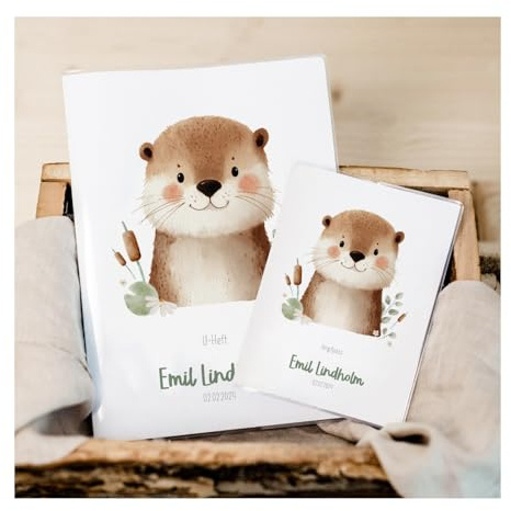 Personalisierte U-Heft Hülle & Impfpasshülle Set | 3-teilig | Hochwertige Schutzhülle für Untersuchungsheft & Impfpass | Geschenk zur Geburt (Otter)