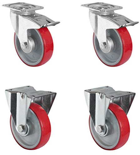 CASCOO SETTBFB125N2U6R1W Rollensatz 2 Lenkrollen mit Feststeller, 2 Bockrollen, Polyamid, Polyurethan, Durchmesser 125 mm, Rollenlager,Transportrollen, Traglast 600 kg (4-er Pack)