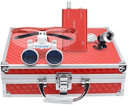 BONEW 3,5 x Dental-Fernglaslupen + 3 W LED-Scheinwerfer mit Filter + Aluminiumbox, Rot