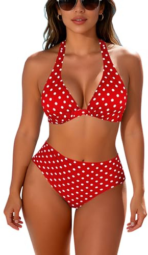 JFAN Costume da Bagno Donna a Vita Alta in Due Pezzi Stampa Floreale Bikini Halter Regolabile Costumi da Bagno,Punto Rosso,S