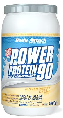 Body Attack Power Protein 90, Biscotto al burro, 1 kg, 5K proteine in polvere con proteine del siero di latte, L-carnitina e BCAA per la costruzione muscolare e il fitness