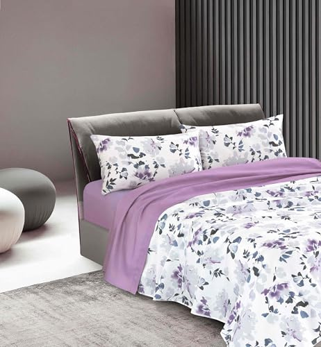 PARAH, Set Lenzuola Completo letto Matrimoniale, in Raso, Floreale Lilla | Made in Italy, 1 lenzuolo sopra 250x290cm, 1 lenzuolo con angoli 180x200cm, 2 federe 50x80cm, Tessuto Morbido e Setoso