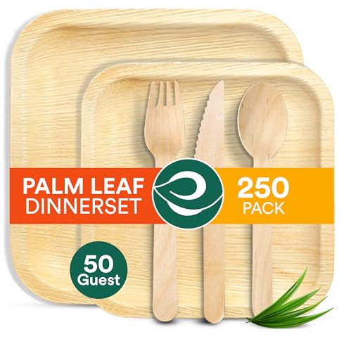 ECO SOUL Palm Leaf Plate Set of 250 for 50 Guests [10, 6 Square Plates, Fork, Knife, Spoon, 50 Count Each] | Biodegradable Disposable Dinnerware for Thanksgiving Dinner, Parties, Wedding & Event