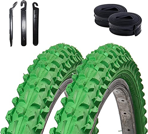 2 x Roverstone 24 Fahrradreifen Fahrradmantel grün 57-507 (24x2,125) + 2 Schläuche DV inkl. 3 Reifenheber