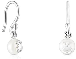 TOUS Pendientes de Plata de Primera Ley para Mujer con Perla y Motivo Oso de 4.5 mm con Cierre de Gancho, Elegante y Clásico, Colección Icon Pearl