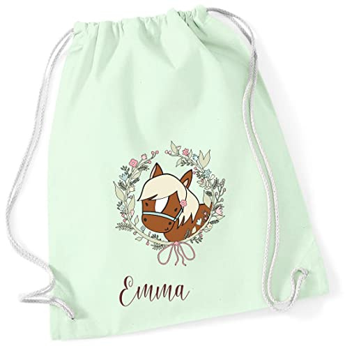 minimutz Personalisierter Turnbeutel für Mädchen mit Namen | Motiv Pferd und Blumen-Kranz | Stoffbeutel mit Kordel zum Zuziehen | Geschenk-Idee für Kinder (pastellgrün)