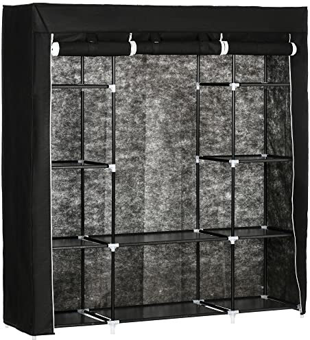HOMCOM Kleiderschrank Stoffschrank mit 1 Kleiderstange, 10 Einlegeböden und Reißverschluss, Stoffkleiderschrank Faltschrank für Schlafzimmer, Ankleidezimmer, 150 x 43 x 162,5 cm, Schwarz