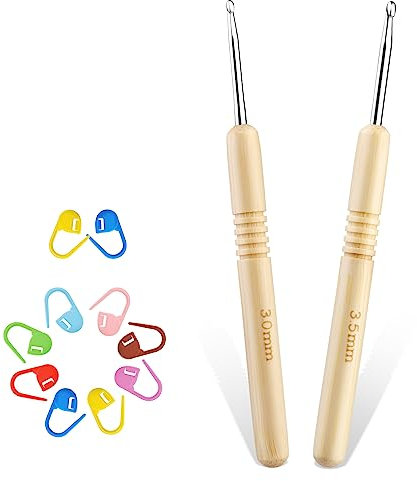 2 Stück Häkelnadeln, 3,0 mm–3,5 mm Häkelnadel-Set, Häkelnadel-Set für Anfänger, ergonomische Holzgriffe zum Häkeln mit Maschenmarkierern für Anfänger DIY-Stricker Häkelgarn