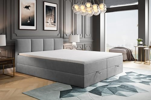 TRADA Boxspringbett 140x200 cm mit Bettkasten & Bonellmatratze, Grau | Modell ROYAL, Elegant Bett mit Topper