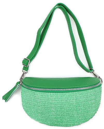 Made in Italy Damen Leder Tasche Basttasche Schultertasche Gürteltasche Sommer Strandtasche Crossbody Bauchtasche Umhängetasche Cross-Over Bodybag Handytasche Geflochten Bast Abendtasche Grün