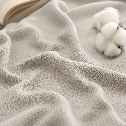 Bedsure GentleSoft 100% Cotton Blanket Queen Size for Bed - Breathable and Lightweight, Soft Cozy Textured Herringbone Woven Summer Blanket for Home Decor, Linen Beige, 90x90 inches