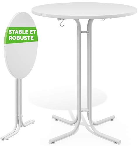 CASARIA Mesa Alta Bar Redonda Plegable 110cm Metal Blanco