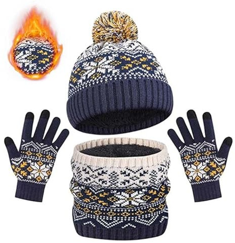 Boys Girls Hat Scarf and Gloves Set - 3 pcs Kids Winter Warm Beanie Hat Scarf Gloves Set Winter Thermal Knitted Beanie Cap & Circle Scarf & Magic Gloves with Fleece Lining for 2-8 Years Old (Blue)