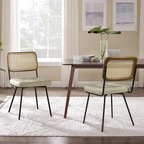 Zouron Rattan-Esszimmerstühle, 2er-Set, Mitte des Jahrhunderts, moderne Esszimmerstühle mit Rückenlehnen, Kunstleder, gepolstert, armlos, Rattan, Küchenstuhl mit schwarzen, pulverbeschichteten, CC061