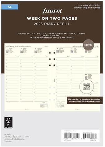 Filofax A5 Woche auf zwei Seiten, Spaltenformat, 5-sprachig, 2025, Baumwollcreme