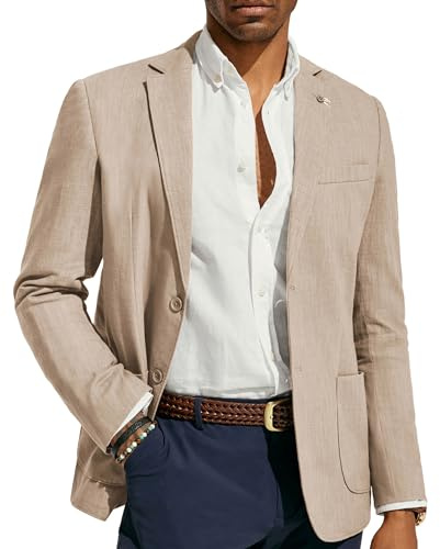 PJ PAUL JONES Mens Casual Two Button Blazers Linen Cotton Unlined Sport Coat and Blazer for Wedding Light Khaki XL